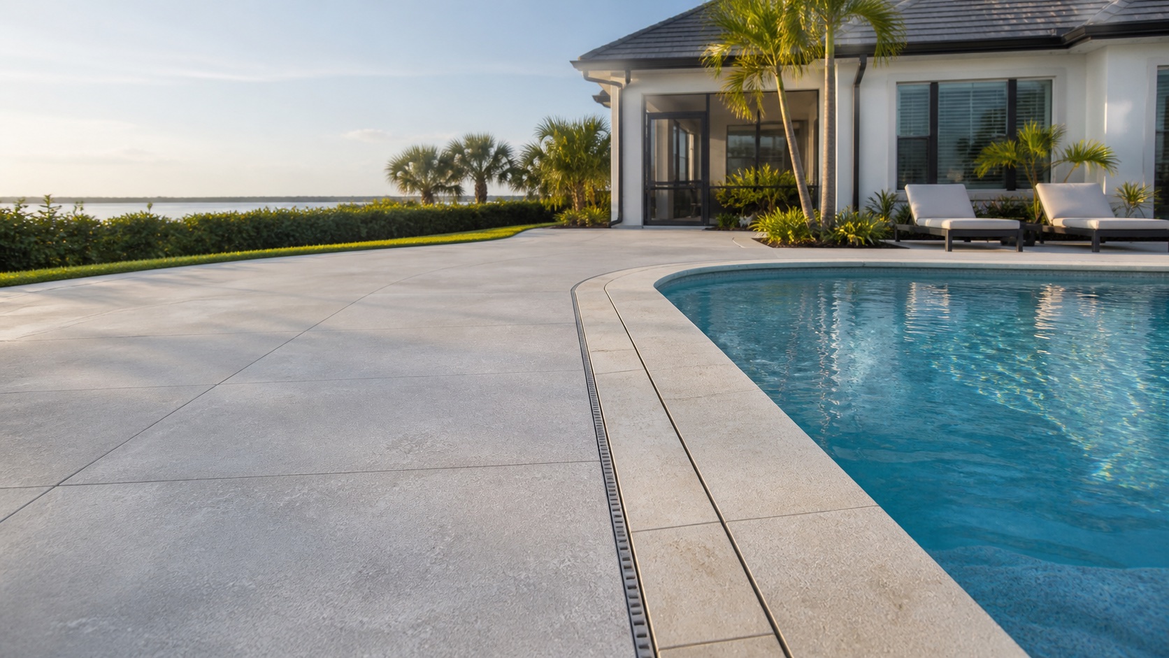 Pale concrete pool deck with clean coping, expansion joints and a linear drain beside a Central Florida pool